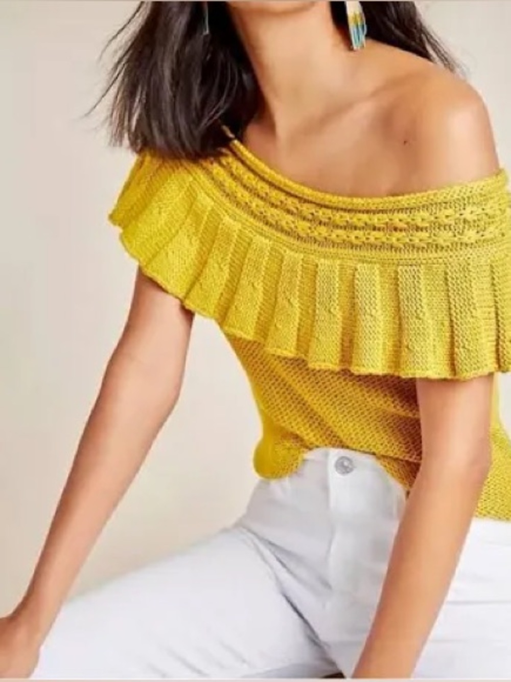 Anthropologie Ruffled Off-the-Shoulder Knit Top in mustard/marigold yellow Small